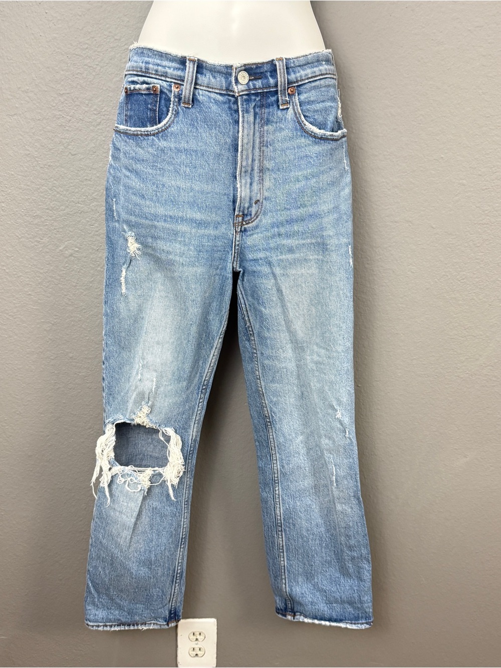 Abercrombie Fitch Ultra High Rise 90s Straight Jeans Distressed Blue Sz 27 4 S - Picture 3 of 10